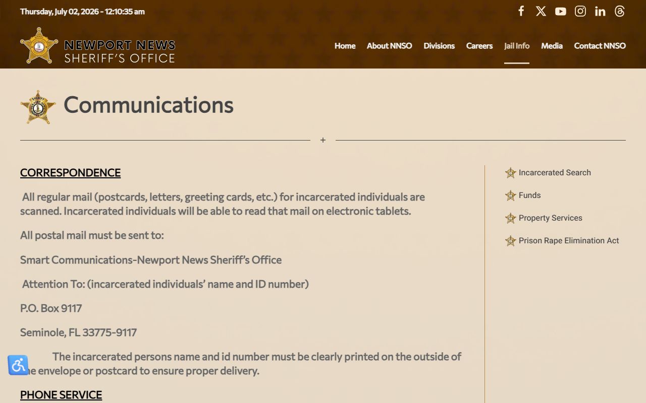 Newport News Jail Annex inmate communications and video visitation records