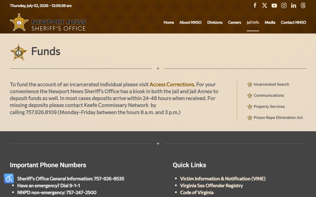 Newport News Jail Annex inmate funds and commissary records