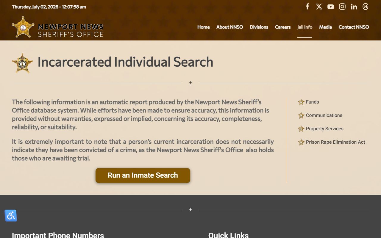 Newport News County inmate search gateway for jail roster lookup
