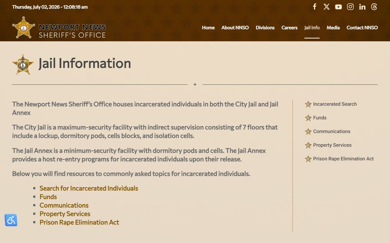 Newport News City Jail inmate records and jail information page
