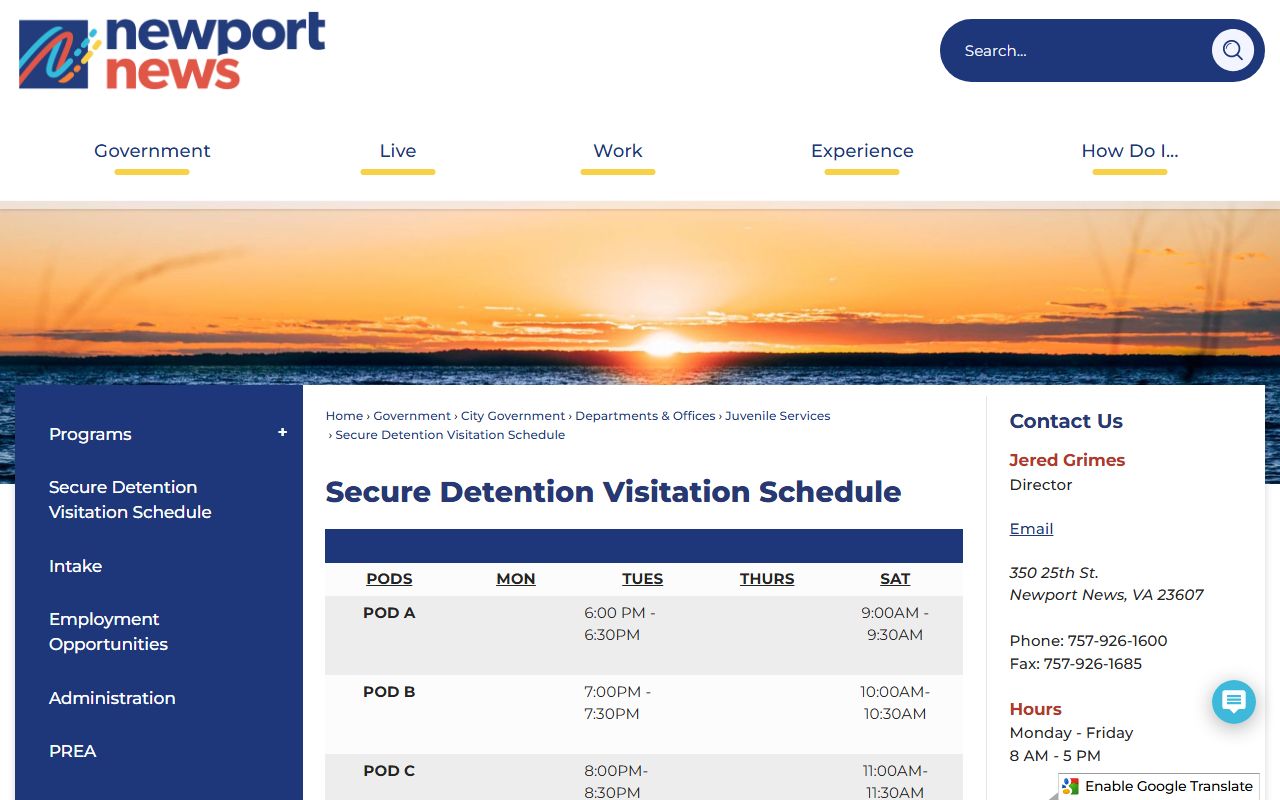 Newport News Juvenile Secure Detention Center pod visitation records